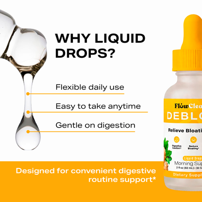 FlowCleanse DEBLOAT Liquid Drops 60ml – Fast Bloating Relief – Digestive Support Drops with Enzymes & Herbs – Feel Lighter in Minutes