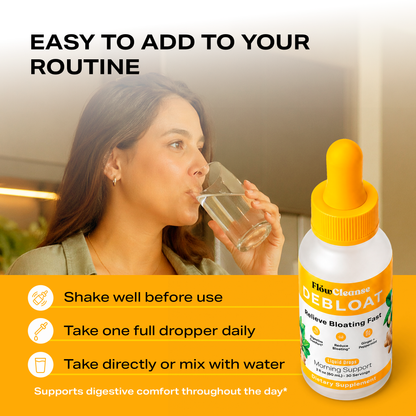 FlowCleanse DEBLOAT Liquid Drops 60ml – Fast Bloating Relief – Digestive Support Drops with Enzymes & Herbs – Feel Lighter in Minutes