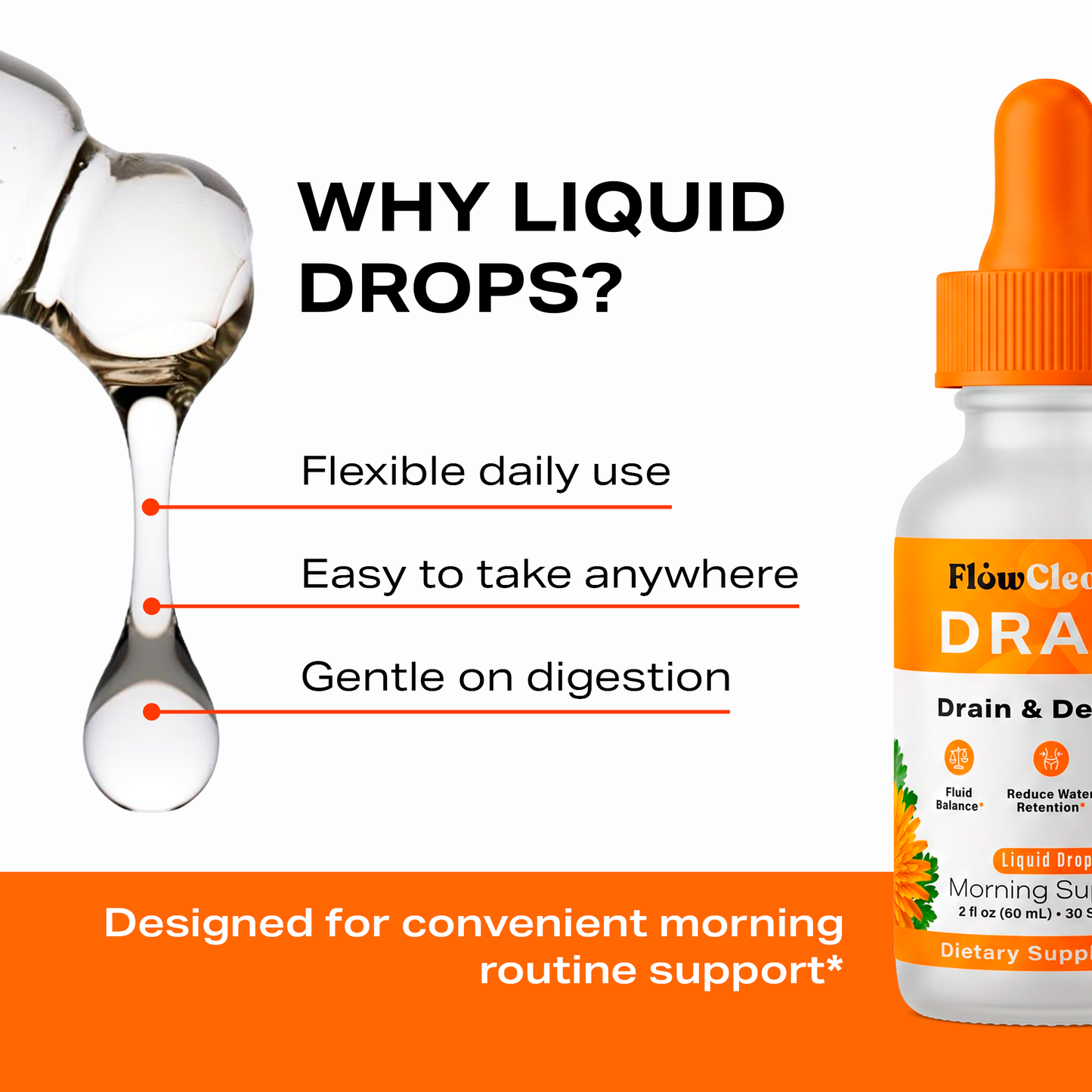 FlowCleanse DRAIN Liquid Drops 60ml – Drain & Debloat Formula – Lymphatic Support for Water Retention & Puffiness – Fast-Acting Daily Reset Drops