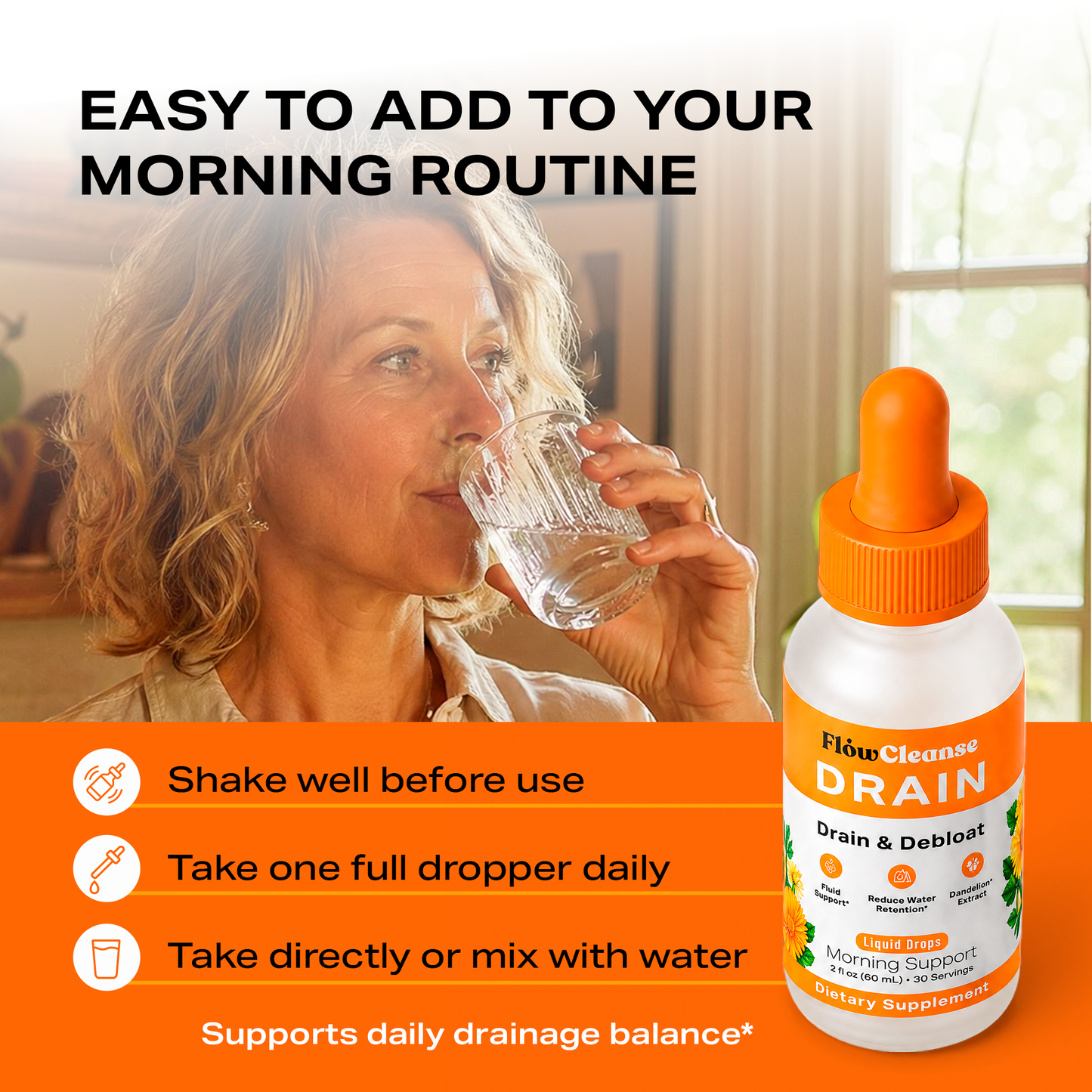 FlowCleanse DRAIN Liquid Drops 60ml – Drain & Debloat Formula – Lymphatic Support for Water Retention & Puffiness – Fast-Acting Daily Reset Drops