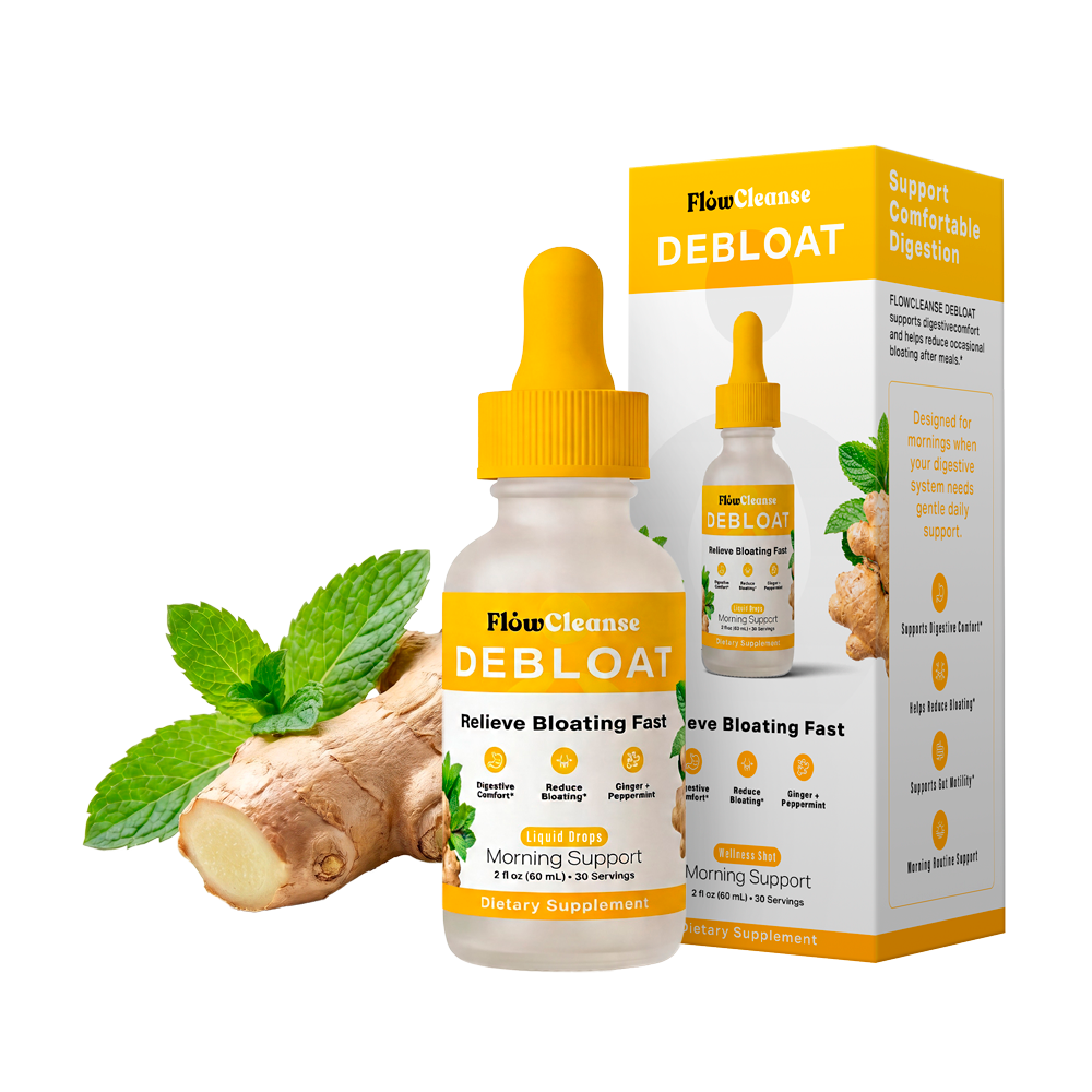FlowCleanse DEBLOAT Liquid Drops 60ml – Fast Bloating Relief – Digestive Support Drops with Enzymes & Herbs – Feel Lighter in Minutes