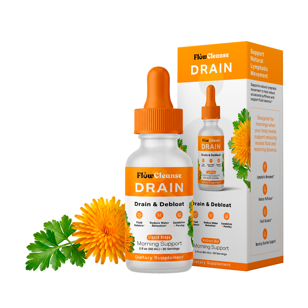FlowCleanse DRAIN Liquid Drops 60ml – Drain & Debloat Formula – Lymphatic Support for Water Retention & Puffiness – Fast-Acting Daily Reset Drops