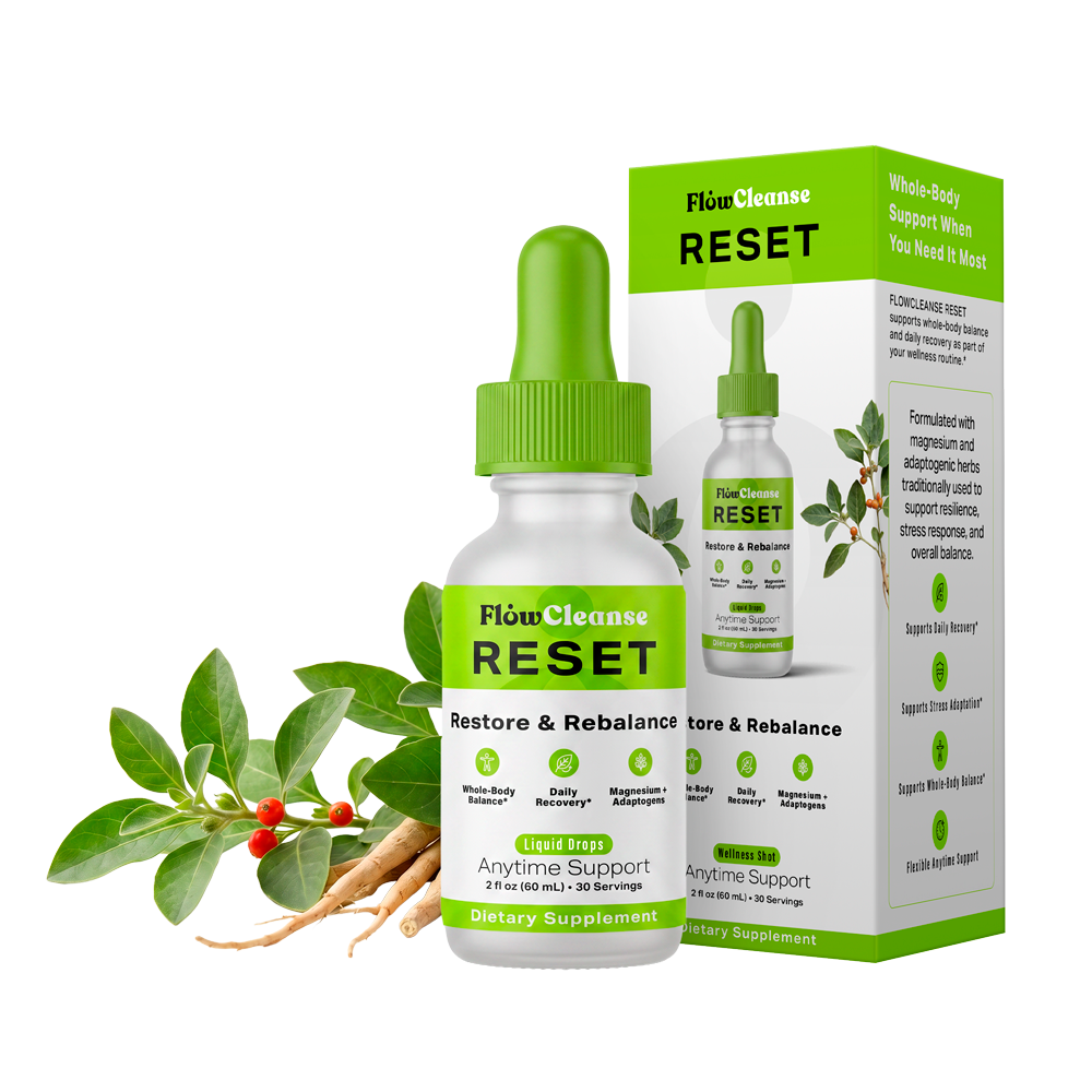 FlowCleanse RESET Liquid Drops 60ml – Full Body Reset Formula – Stress, Energy & Balance Support – Daily Rebalance Drops