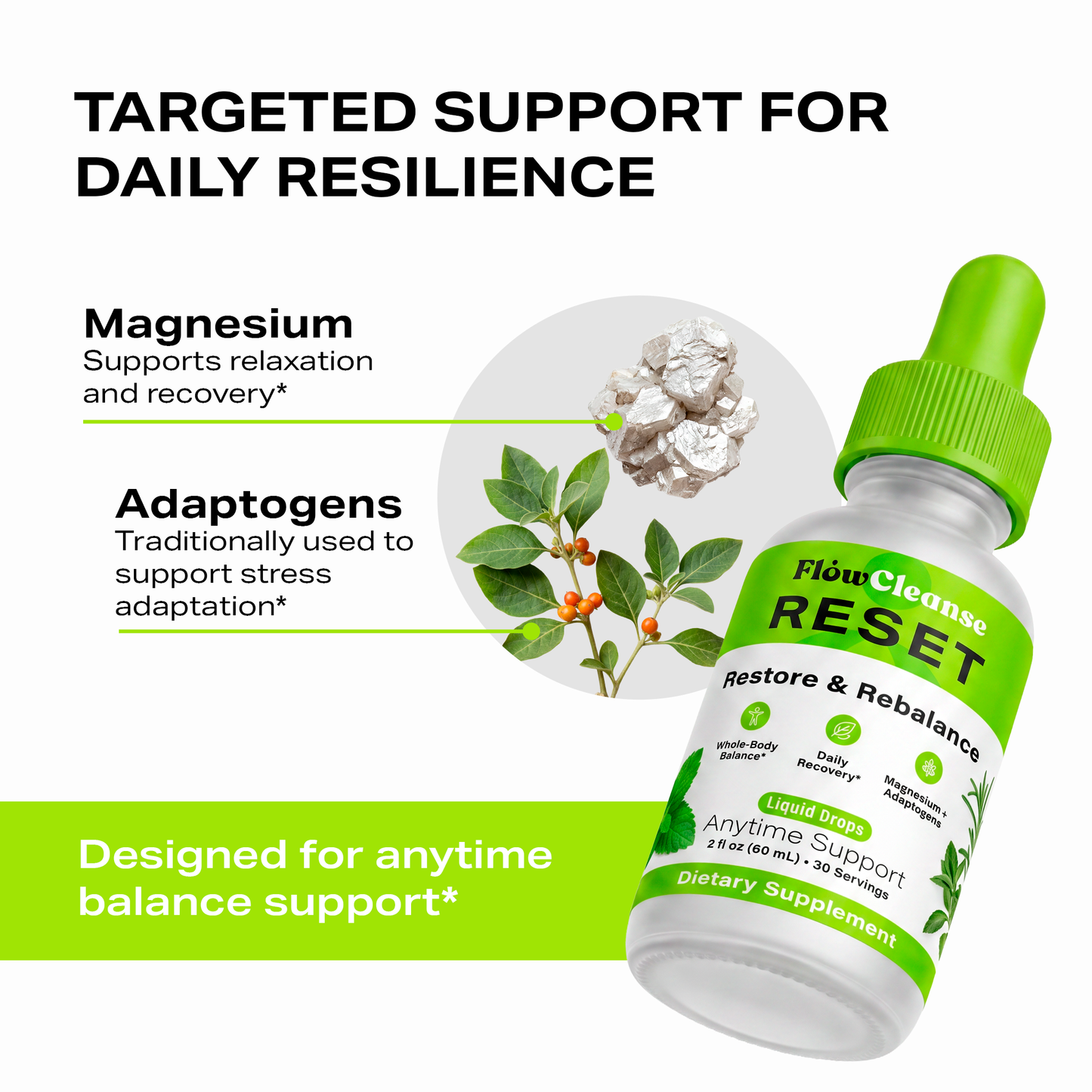 FlowCleanse RESET Liquid Drops 60ml – Full Body Reset Formula – Stress, Energy & Balance Support – Daily Rebalance Drops