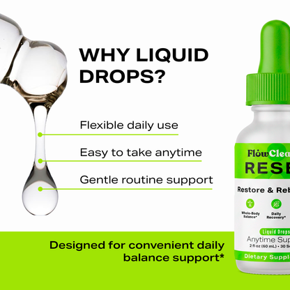 FlowCleanse RESET Liquid Drops 60ml – Full Body Reset Formula – Stress, Energy & Balance Support – Daily Rebalance Drops